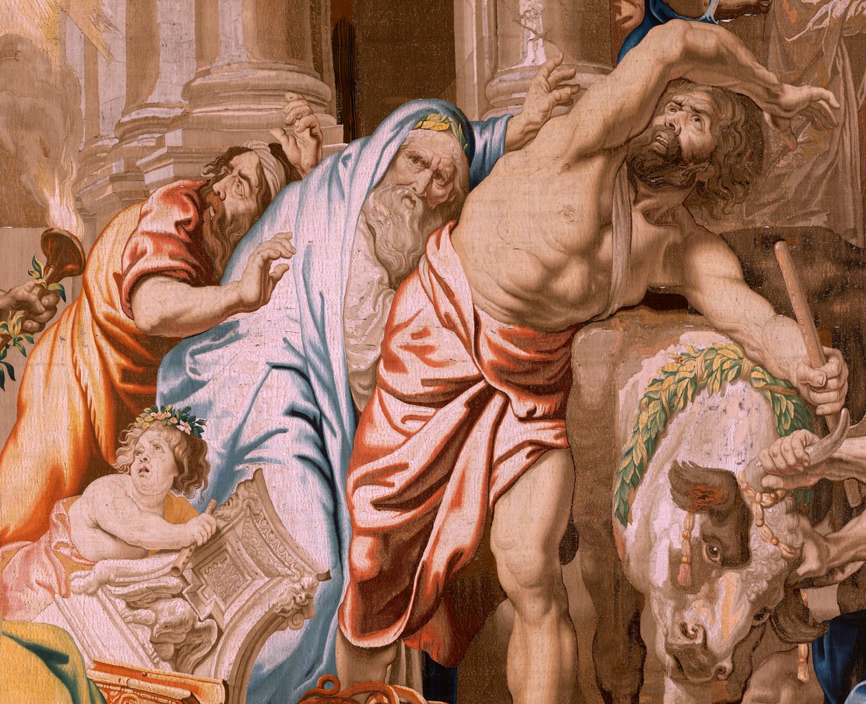 Flämischer Wandteppich. Serie Der Triumph der Eucharistie. Sieg der Eucharistie über heidnische Opfer. Vierter Wandteppich der Serie. Modell Peter Paul Rubens. 1626-1628. Herstellung Jan II Raes, Jac von Flemish School