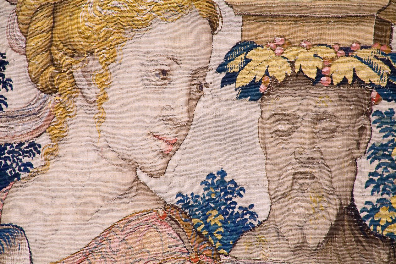 Flämischer Wandteppich. Serie Vertumnus und Pomona: Vertumnus verwandelt in einen Bauern. Atelier Willem de Pannemaker. Ca. 1545-1550. (Detail) von Flemish School
