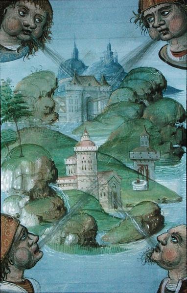 Ms Hunter 9 f.47v Vier Winde blasen an den Ecken einer von Meer umgebenen Landschaft, aus 
