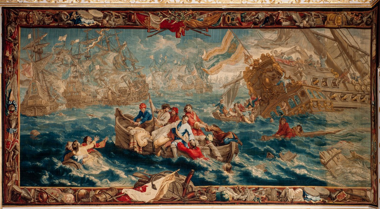 Schlossanlage Schleißheim. Flämischer Wandteppich. Brüsseler Atelier Judocus De Vos. Entwurf Lambert De Hondt. Seeschlacht von La Hogue. 400x792cm. Wolle und Seide. Ca. 1715 - 1724. von Flemish School