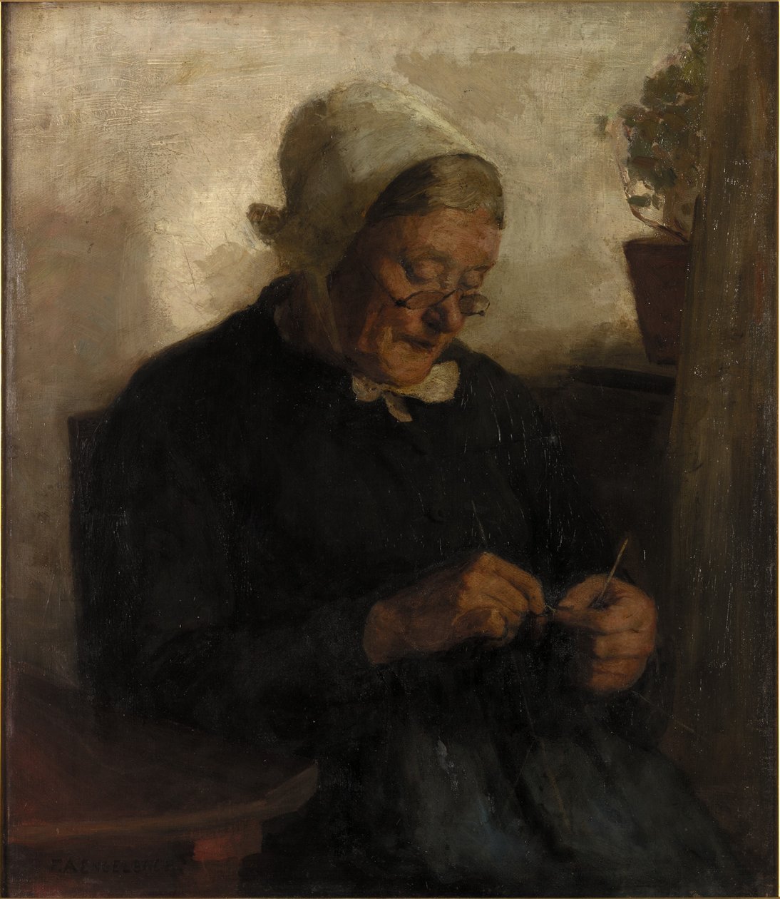 Alte Frau beim Stricken von Florence Engelbach
