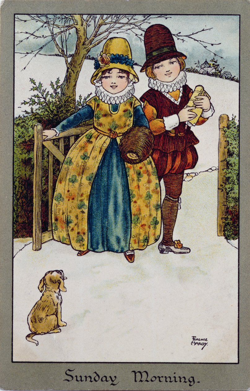 Sonntagmorgen, viktorianische Karte (Farblithographie) von Florence Hardy