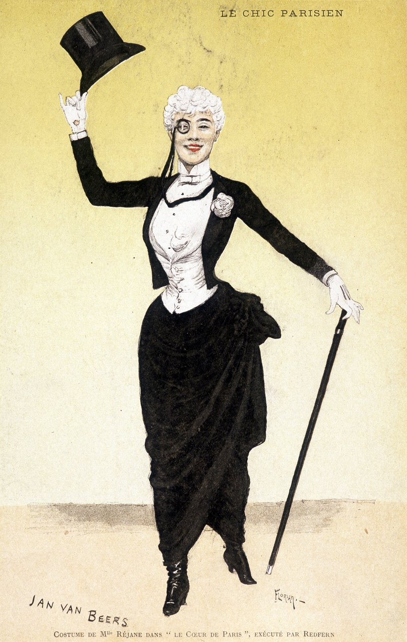 Der Pariser Chic (Dandy - Dandysmus): Mademoiselle Réjanes Kostüm in „Das Herz von Paris“. Kostüm von Modedesigner Jan Van Beers (1852-1927), ausgeführt von Redfern. Zeichnung von Florian. von Florian