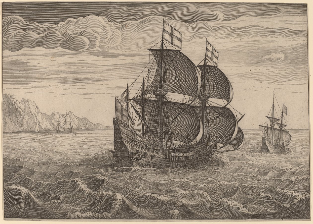Schiff in voller Fahrt mit zwei Flaggen von Follower of Pieter Bruegel the Elder