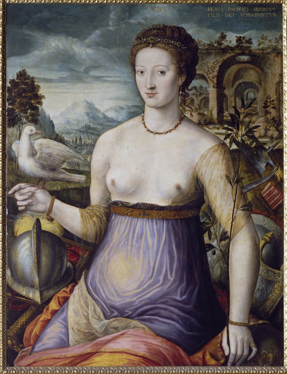 Die Allegorie des Friedens, oder Diane de Poitiers mit einer Taube. Porträt der Herzogin von Valentinois Diane de Poitiers von Fontainebleau School