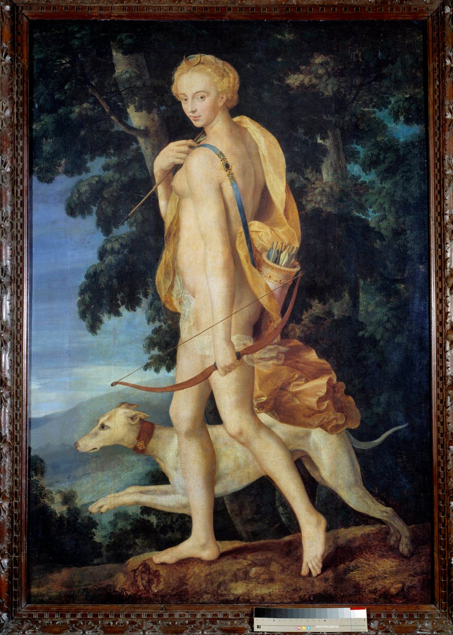 Die Göttin bewaffnet mit einem Bogen wird von einem Hund begleitet von Fontainebleau School