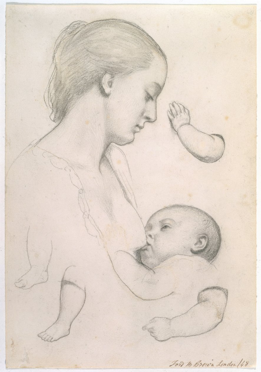 Mahlzeit des Säuglings - Studie einer Mutter und eines Kindes mit separaten Arm- und Bein-Studien des Kindes, 1848 von Ford Madox Brown