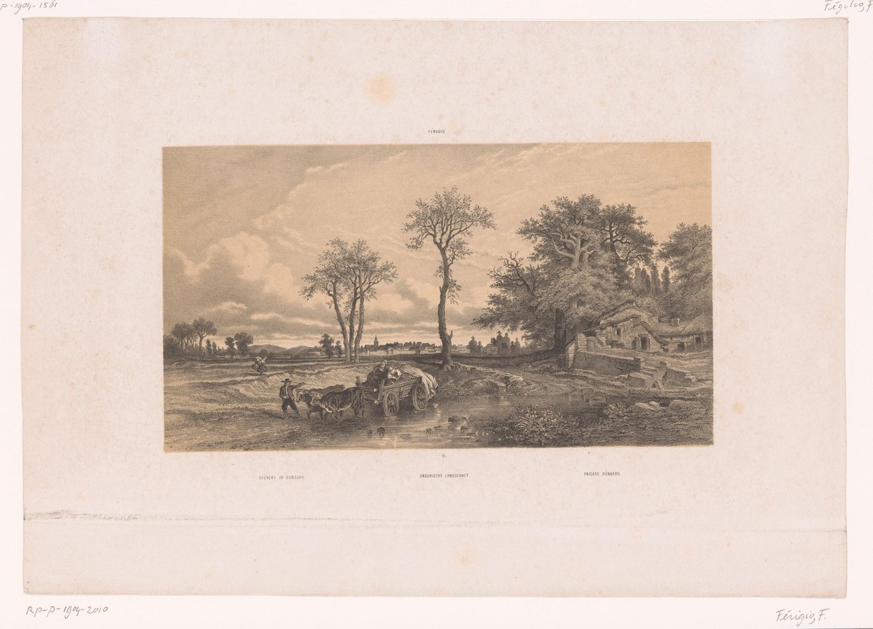 Bauernwagen mit Ochsen in einer ungarischen Landschaft von Fortuné Ferogio