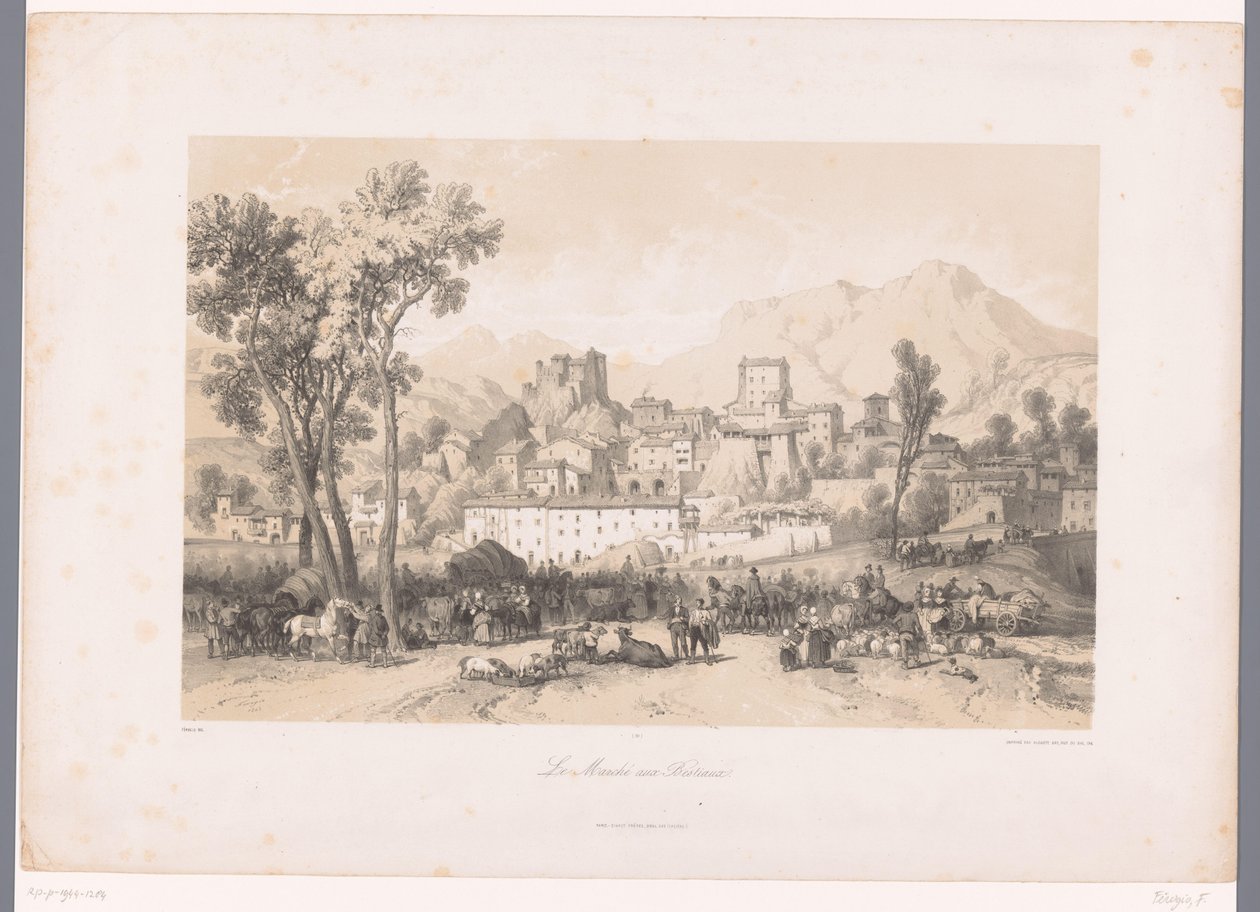 Blick auf ein Dorf mit Viehmarkt in einem Tal von Fortuné Ferogio