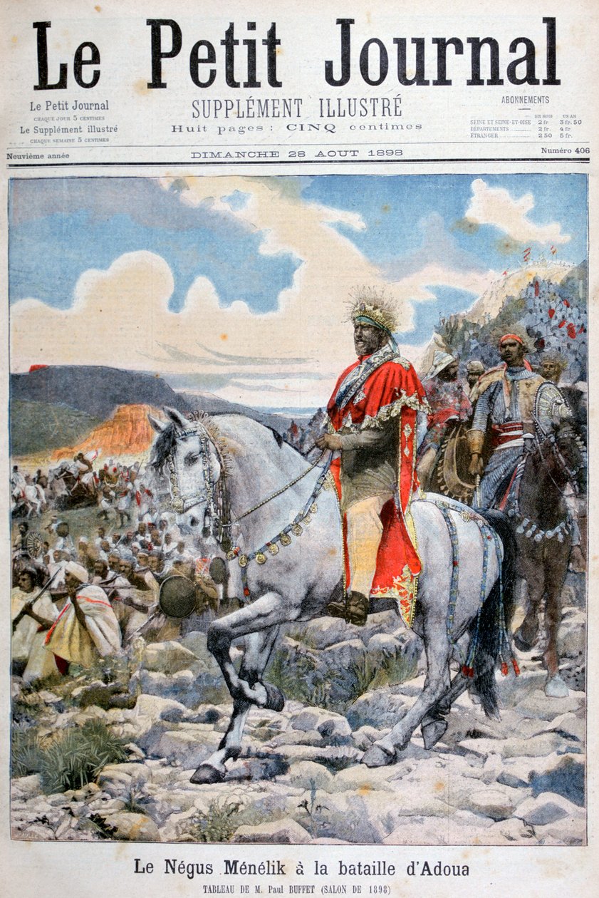 Negus von Äthiopien, Menelik II., in der Schlacht von Adoua, 1898 von Fortuné Méaulle