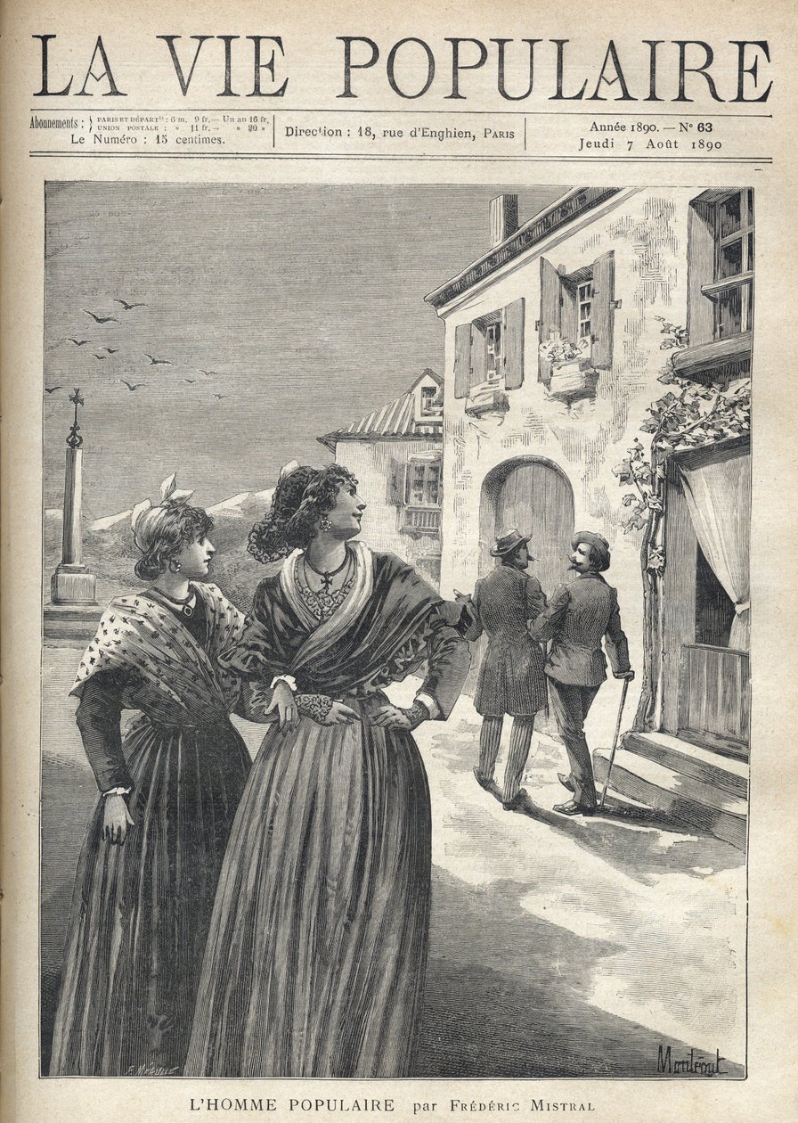 In den Straßen eines Dorfes in der Provence drehen sich zwei hübsche Frauen in provenzalischen Kleidern um, um einem Mann zu begegnen, der sich selbstbewusst ihren Blicken zuwendet. Illustration von Montegut für Der populäre Mann von Frédéric Mistral (1830 von Fortune Louis Meaulle