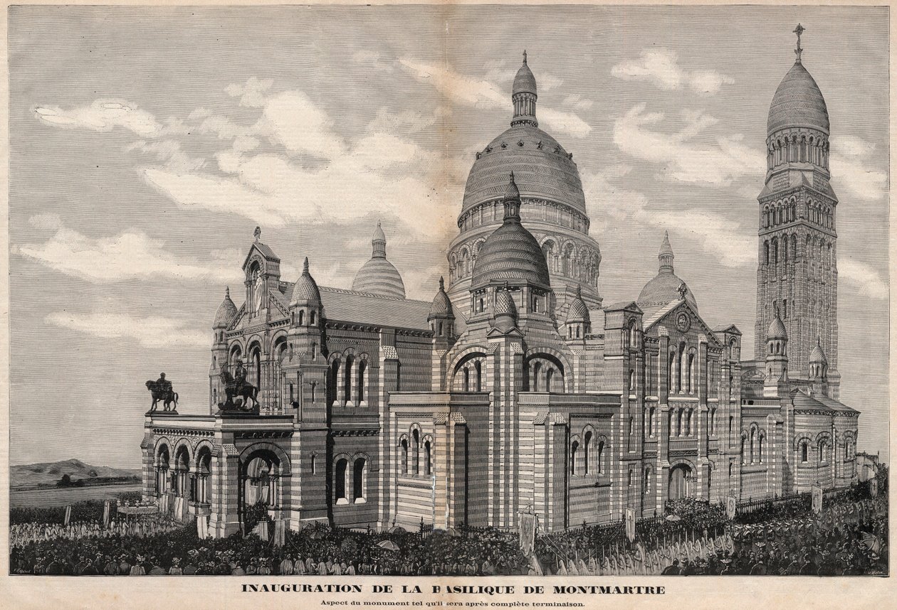 Einweihung der Basilika Sacré-Cœur in Montmartre im Jahr 1891 (Erscheinung des Denkmals nach vollständiger Fertigstellung) - Gravur von Meaulle im Jahr 1891 von Fortune Louis Meaulle