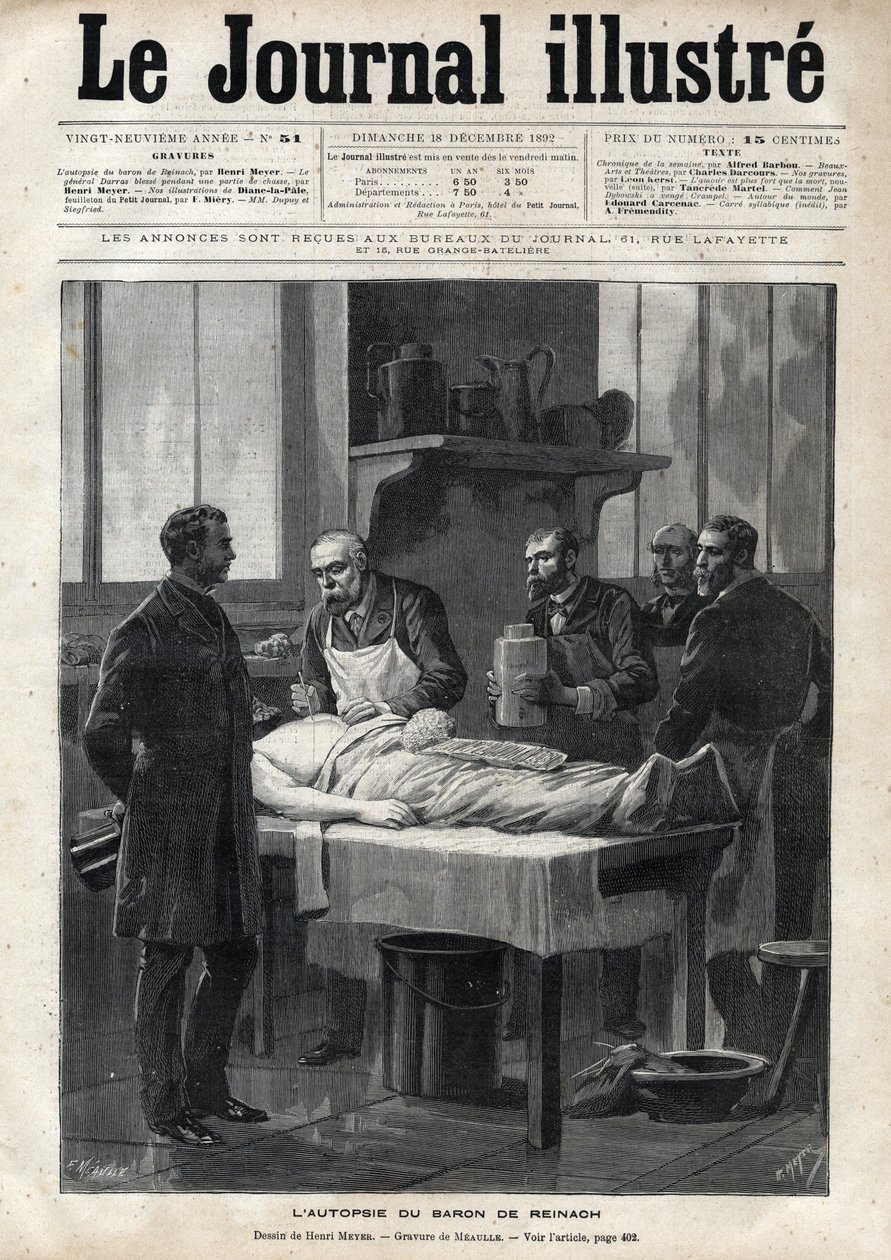 Die Autopsie von Baron Jacques de Reinach (1840-1892) im Jahr 1892 - Gravur von Meaulle in „Le journal illustré“ von 1892 von Fortune Louis Meaulle
