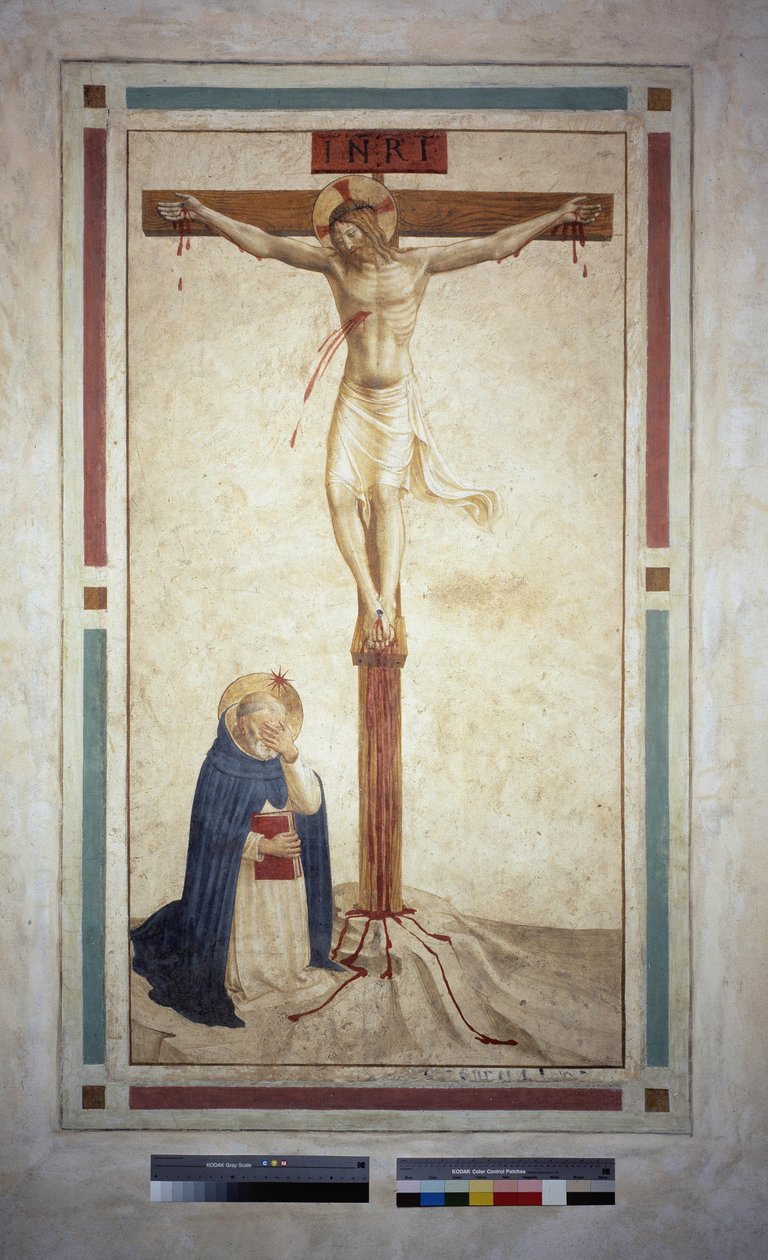 Die Kreuzigung mit dem heiligen Dominikus. Inschrift "INRI" auf dem Kreuz. Fresko von Guido di Pietro von Fra Angelico