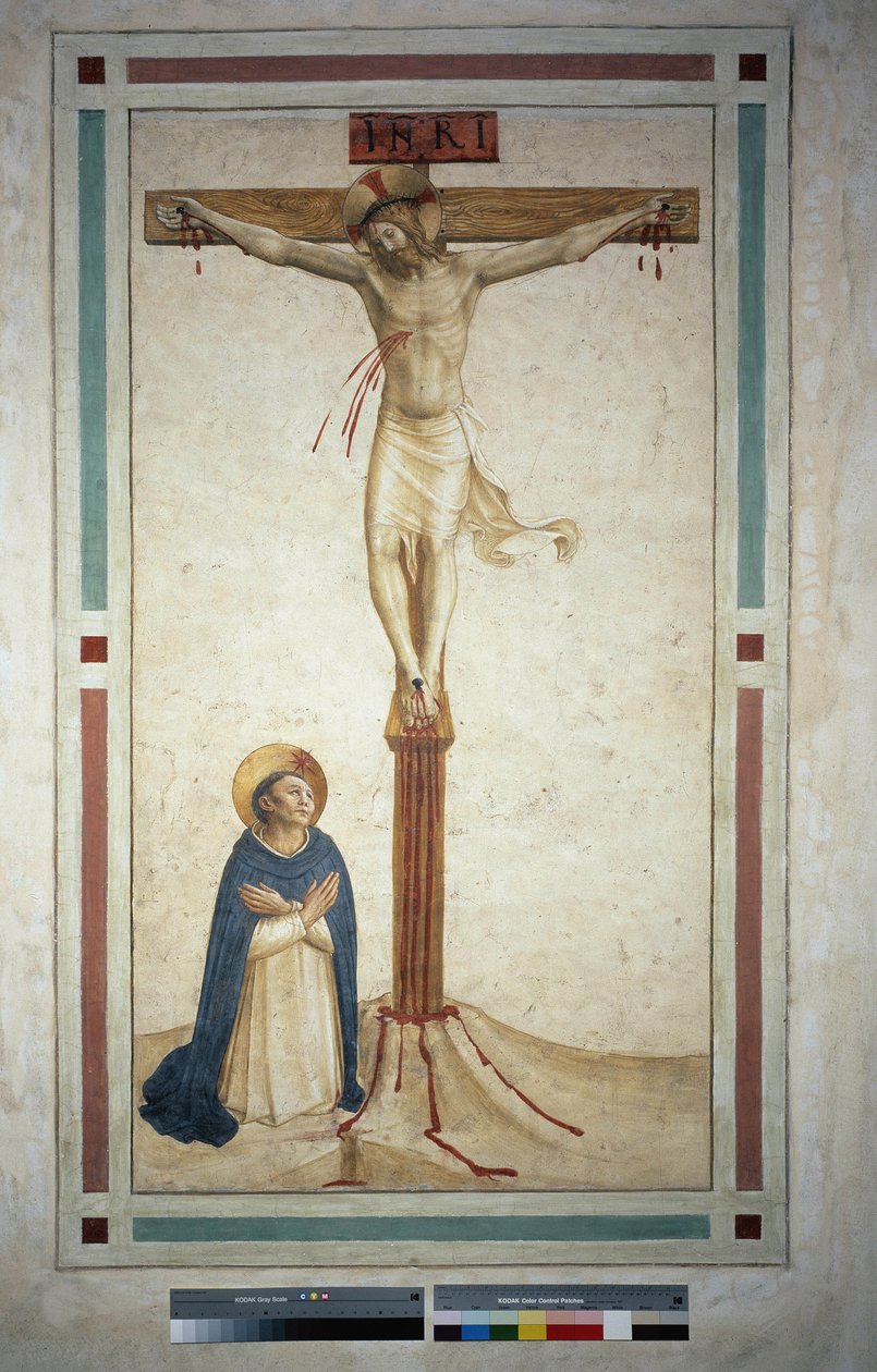 Die Kreuzigung mit dem heiligen Dominikus. Inschrift "INRI" auf dem Kreuz. Fresko von Guido di Pietro von Fra Angelico