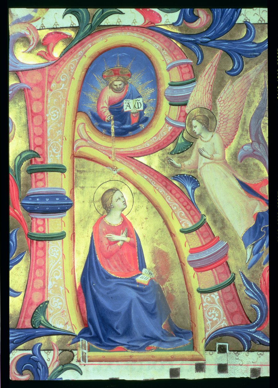 Ms 558 f.33v Die Verkündigung, Detail (Initiale R) aus einem Missale von Fra Angelico