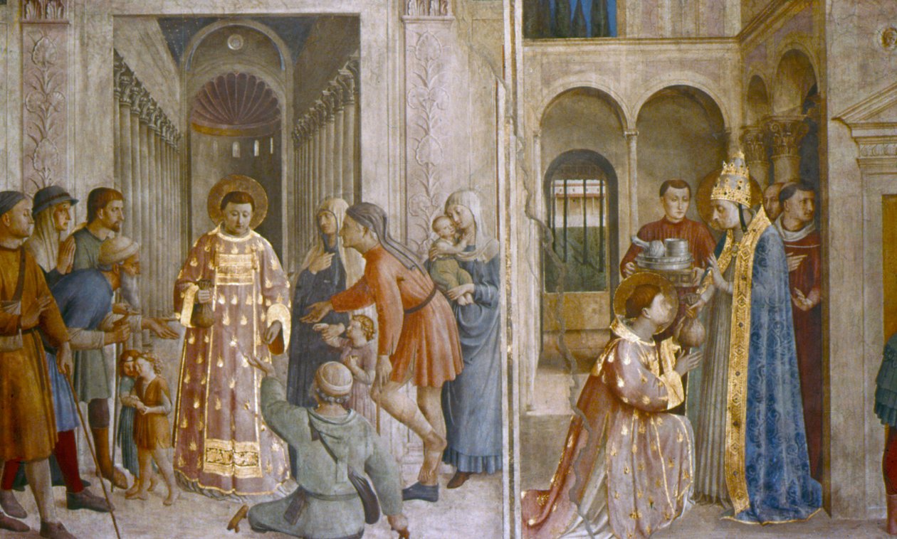 Papst Sixtus II. übergibt Kirchenschatz an St. Laurentius, Mitte 15. Jahrhundert von Fra Angelico