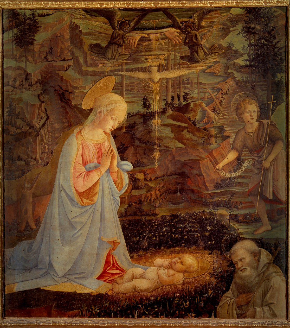 Die Jungfrau, das Jesuskind, der heilige Johannes der Täufer als Kind und der heilige Bernhard von Clairvaux (1090 - 1153) Letzterer war der Gründer des Zisterzienserordens und der erste Patron des Templerordens. Detrempe auf W von Fra Filippo Lippi