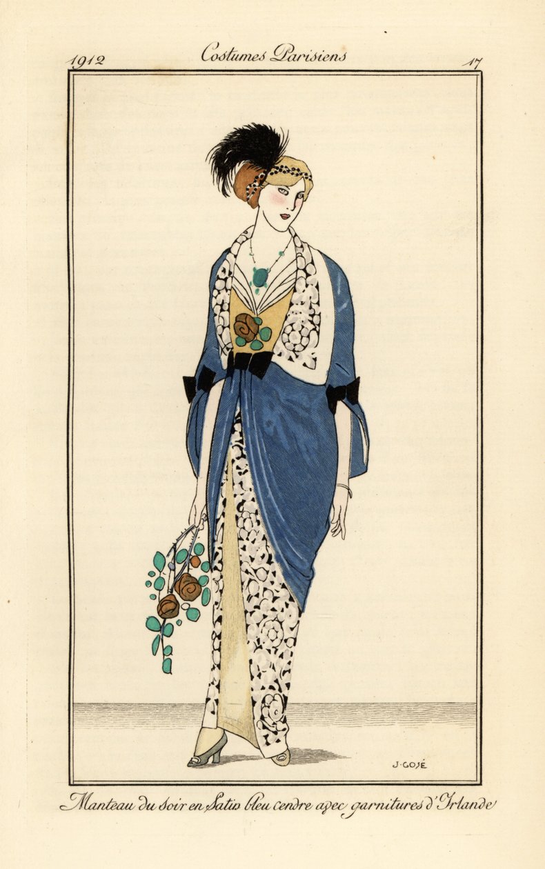 Frau im Abendkleid aus aschblauem Satin mit irischer Spitze. Manteau du soir en satin bleu cendre avec garnitures d’Irlande. von Francesc Xavier Gosé