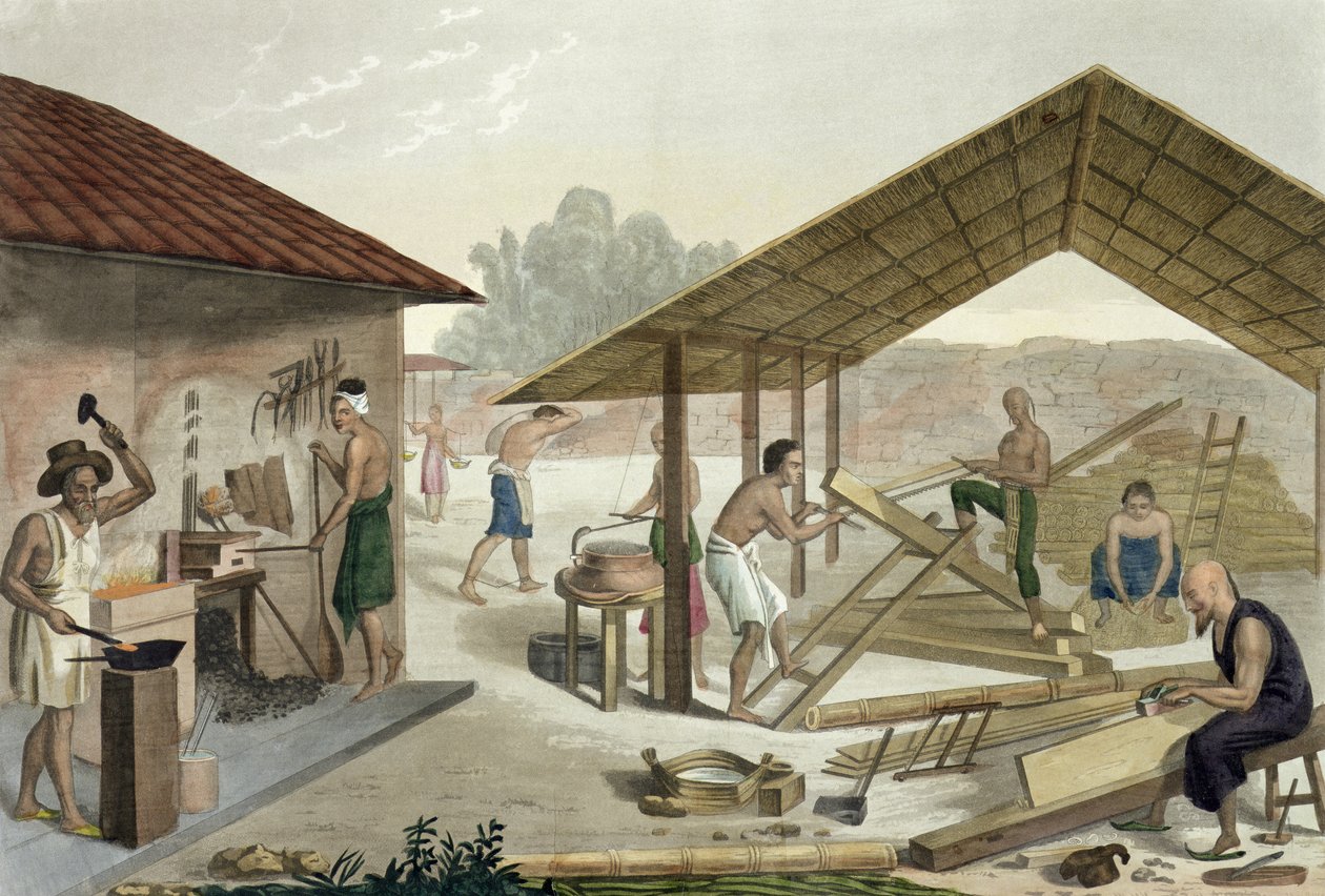 Schreinerei in Kupang, Timor, Tafel 6 aus Le Costume Ancien et Modern von Jules Ferrario, veröffentlicht um 1820-30 von Francesco Citterio