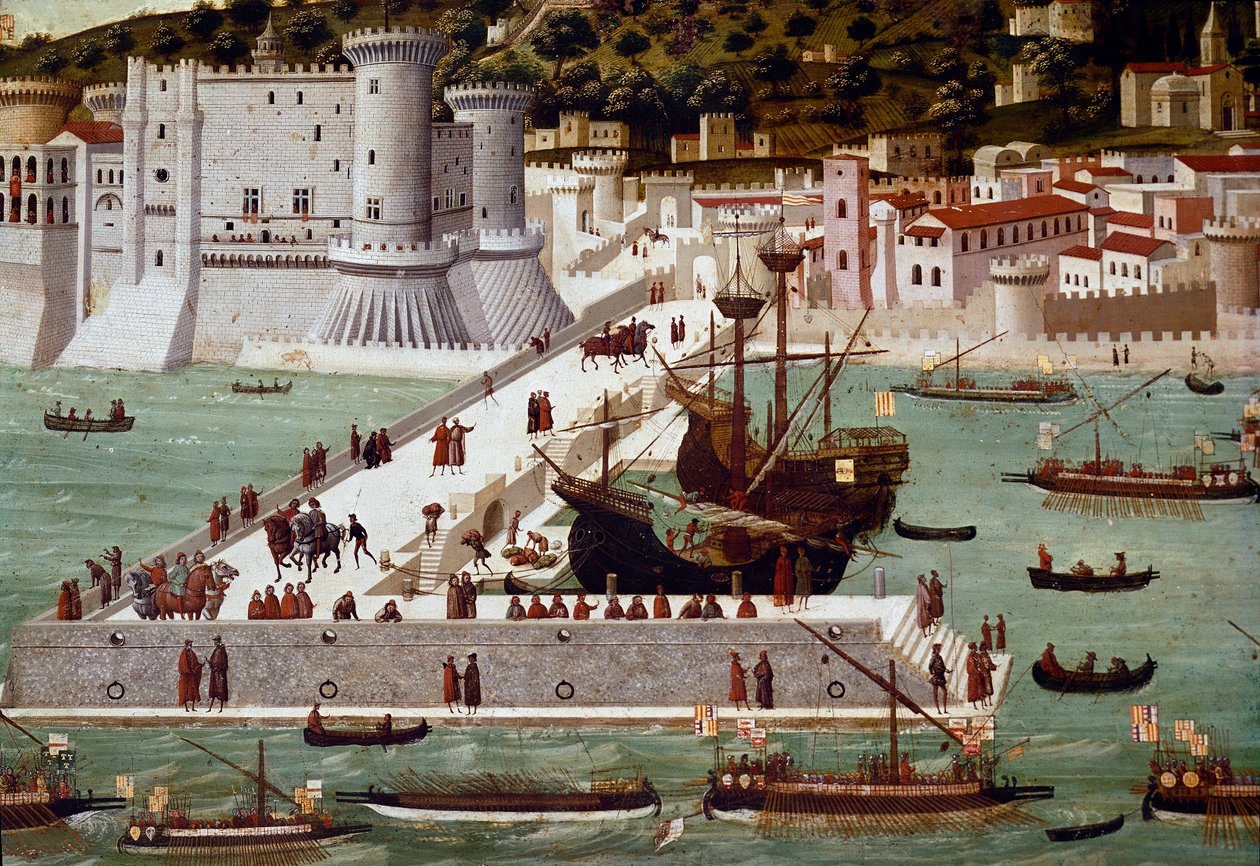 Der Hafen und die Stadt Neapel: Die triumphierende Flotte von Ferdinand von Aragon kehrt nach ihrem Sieg in der Schlacht von Ischia am 6. Juli zurück von Francesco (attr.) Rosselli