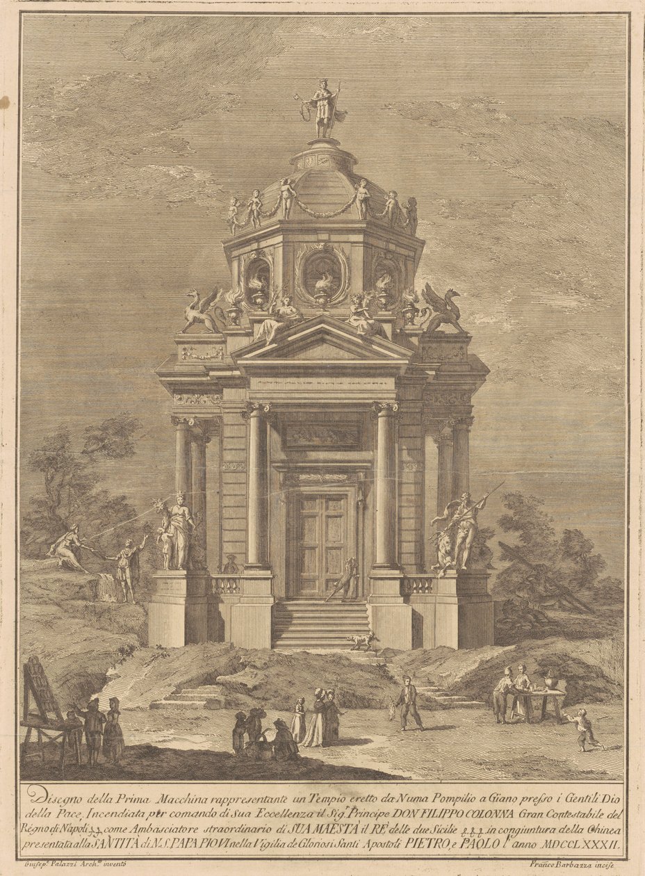 Die Prima Macchina für die Chinea von 1782: Der Tempel des Janus, erbaut von Numa Pompilius von Francesco Barbazza, after Giuseppe Palazzi