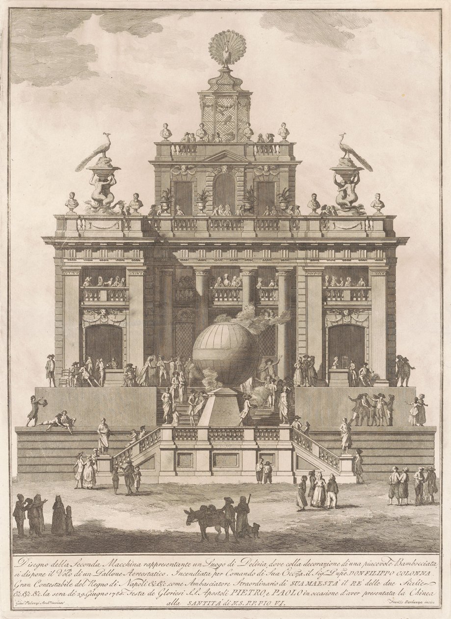 Die zweite Maschine für die Chinea von 1785: Ein Lustschloss mit einem Heißluftballon von Francesco Barbazza, after Giuseppe Palazzi