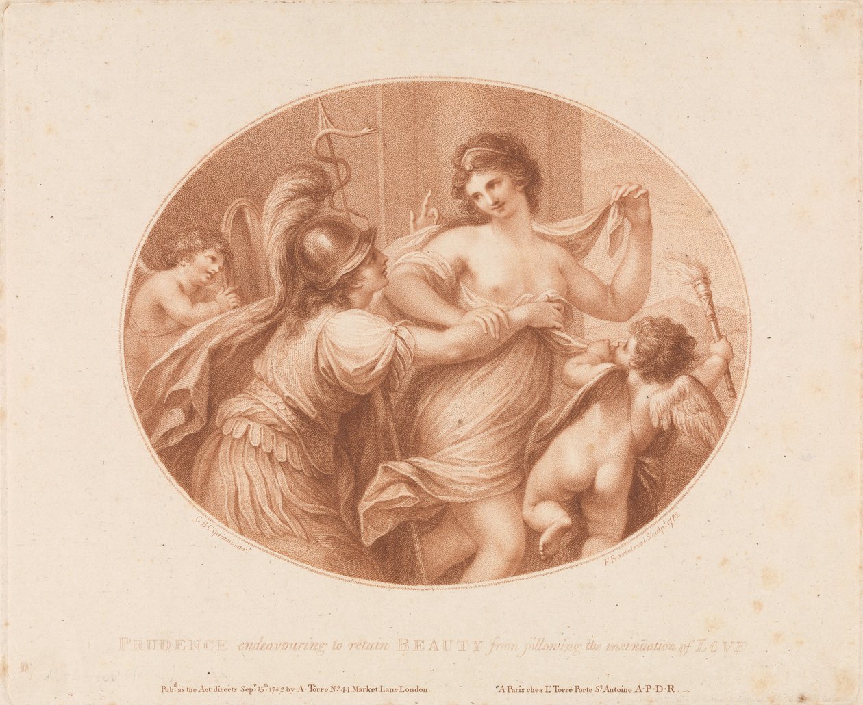 Prudenz bemüht sich, die Schönheit davon abzuhalten, der Verlockung der Liebe zu folgen von Francesco Bartolozzi