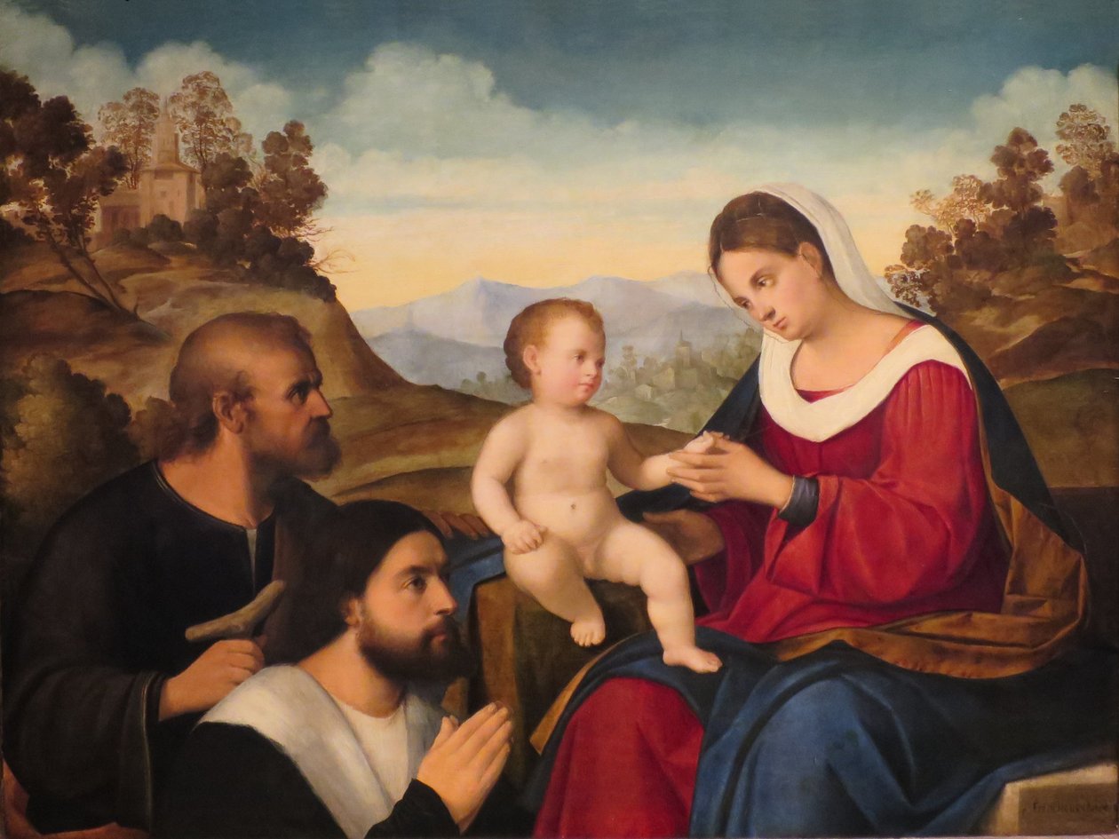 Die Heilige Familie mit einem Stifter in einer Landschaft von Francesco Bissolo