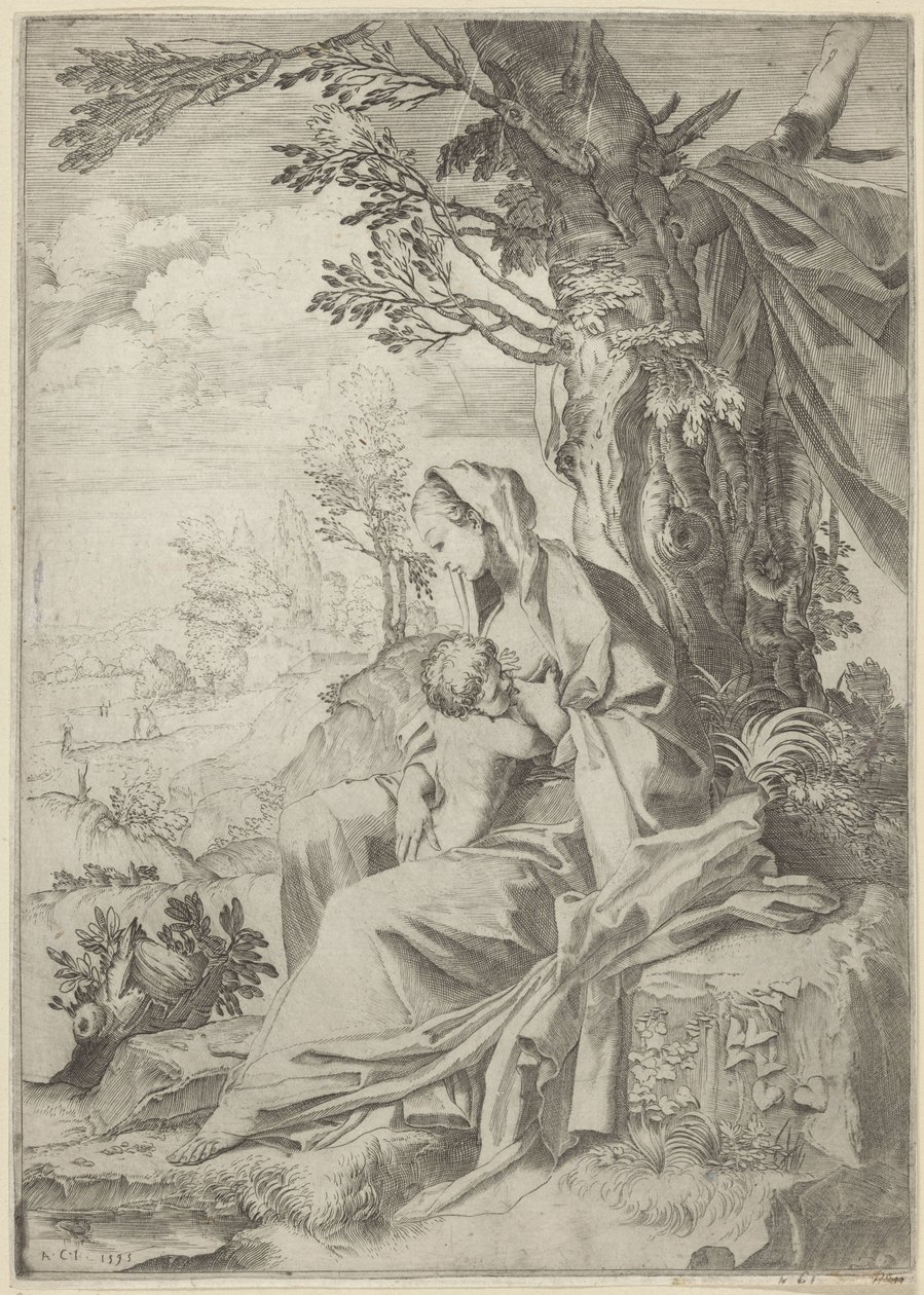Maria stillt das Christuskind in einer Landschaft von Francesco Brizio