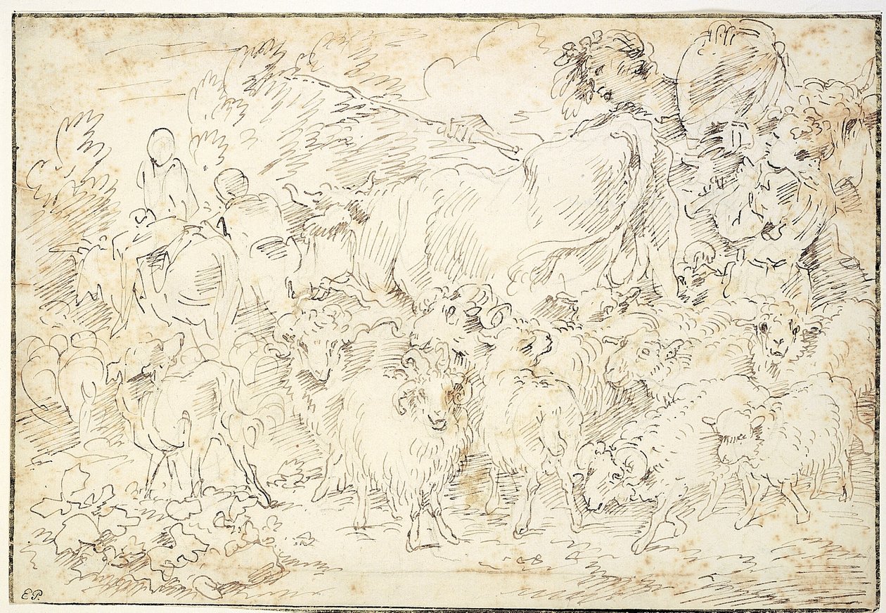 Hirten mit Ziegen, Schafen, einer Kuh und einem Hirtenhund von Francesco Castiglione