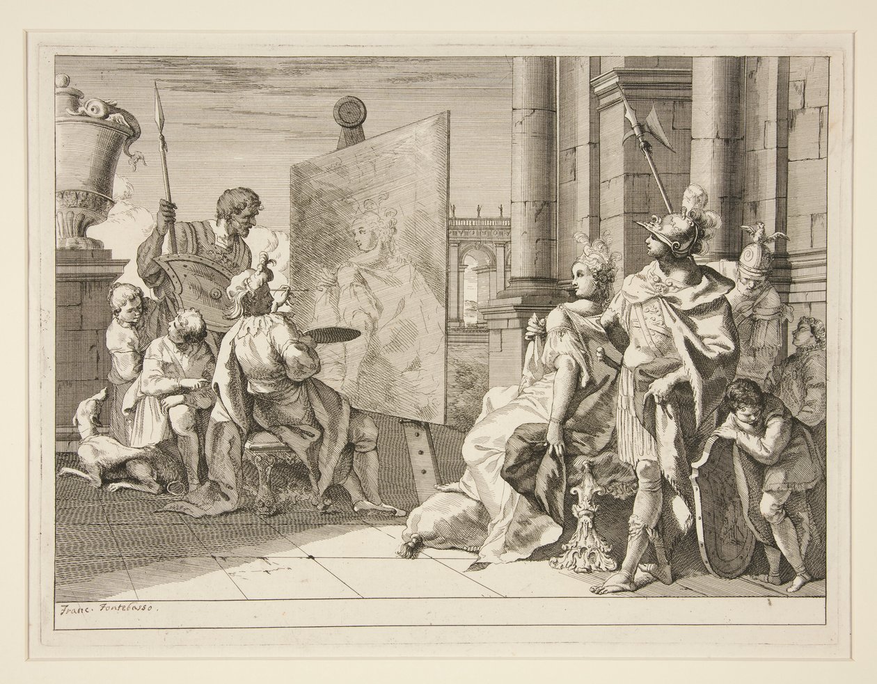 Apelles malt Campaspe, die Geliebte von Alexander dem Großen, eine von acht Drucken (Varii Baccanali et istorie) von Francesco Fontebasso