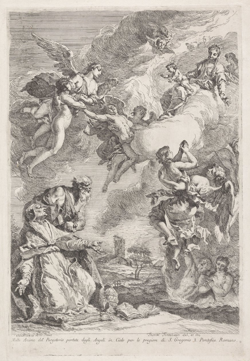 Der heilige Gregor der Große und der heilige Hieronymus beten für die Seelen im Fegefeuer von Francesco Fontebasso