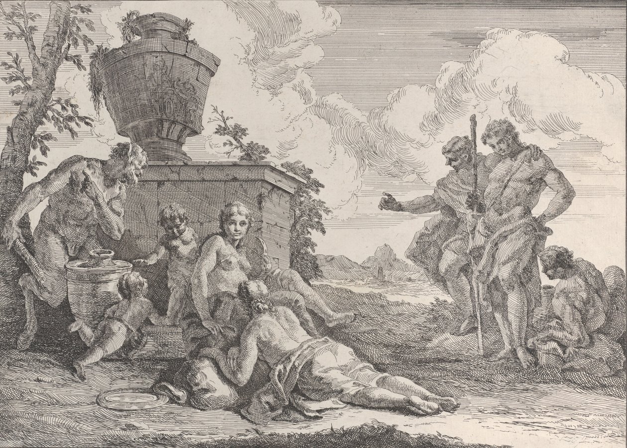 Satyr mit Keule und sieben Figuren, aus Bacchanals und Geschichten, 1744 von Francesco Fontebasso