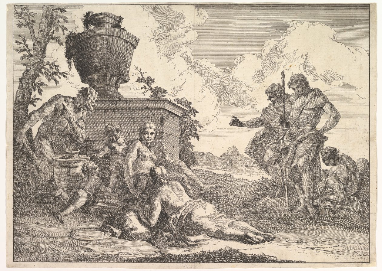 Satyr mit Keule und sieben Figuren, aus Bacchanals und Geschichten, 1744 von Francesco Fontebasso