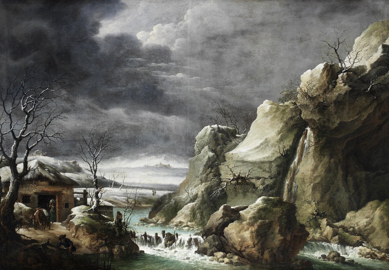 Reisende nähern sich einer Scheune in einer Winterlandschaft unter einem stürmischen Himmel von Francesco Foschi