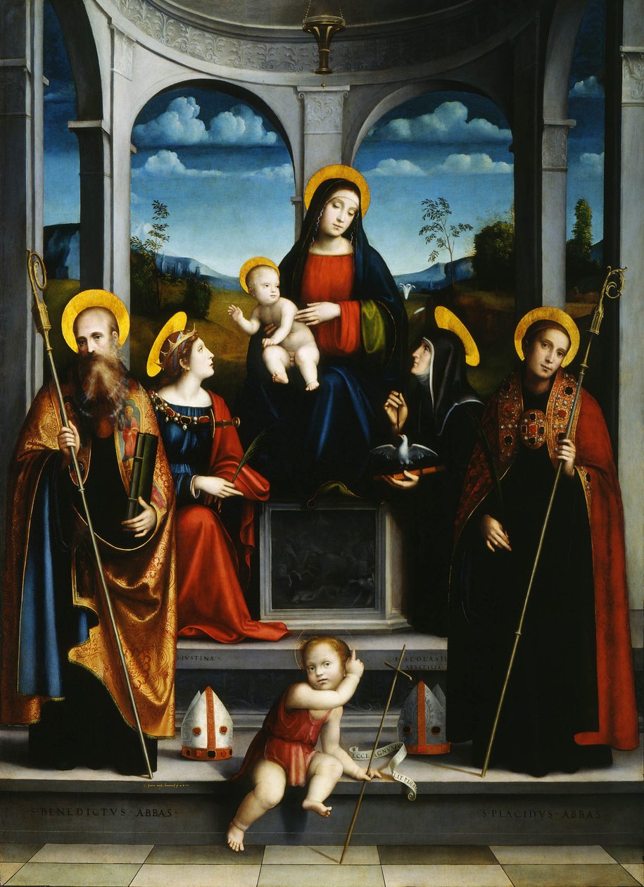 Jungfrau und Kind mit den Heiligen Benedikt, Justina, Placidus und Scholastica, um 1515 von Francesco Francia