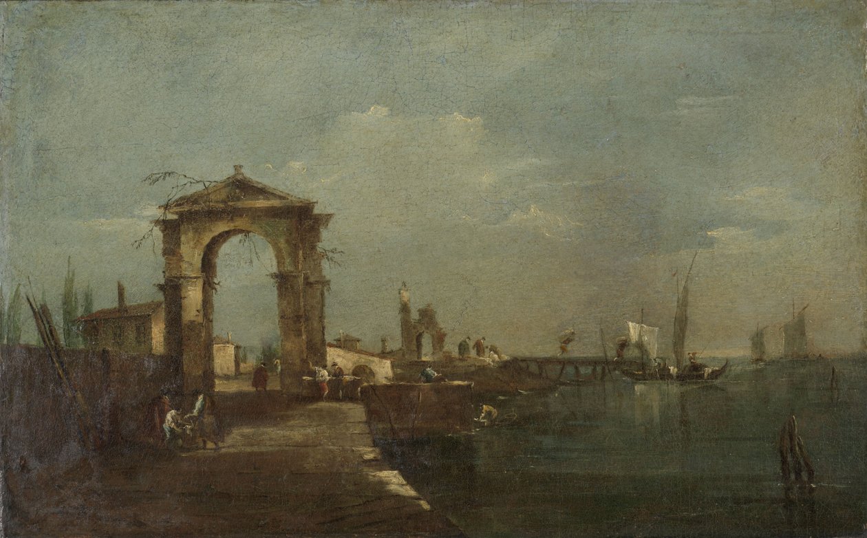 Landschaft mit Kai und Schiffen auf einem See von Francesco Guardi