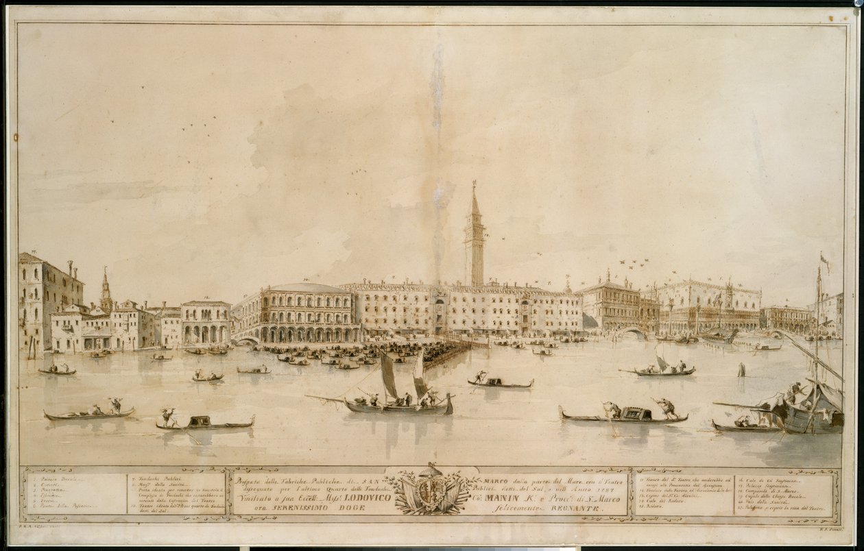 Panorama von Venedig vom Bacino di San Marco aus, einschließlich des Entwurfs für das geplante Teatro Manin von Francesco Guardi