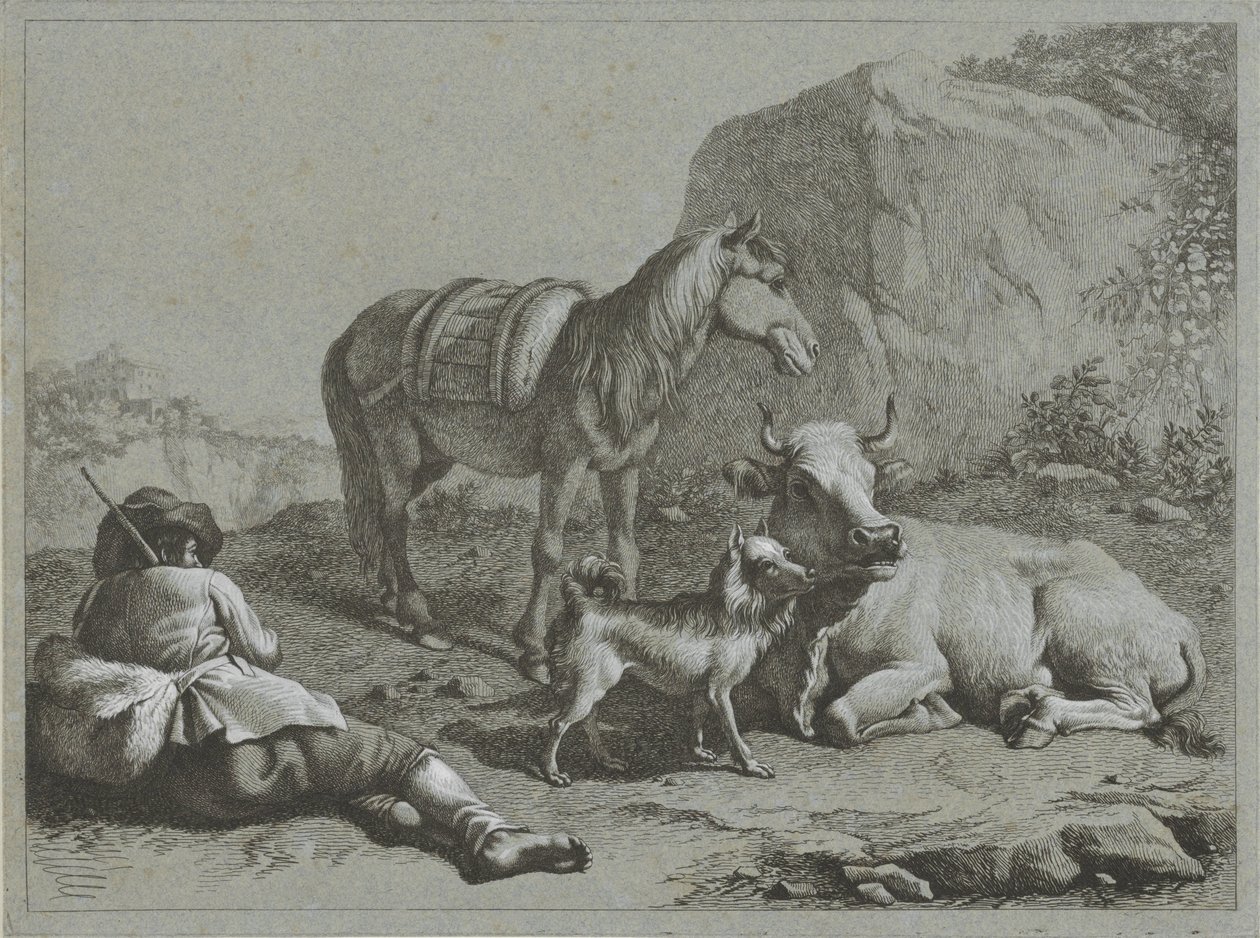 Liegender Hirte mit Pferd, Kuh und Hund von Francesco Londonio