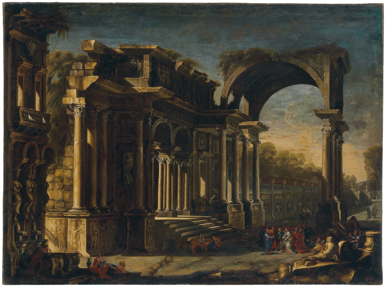 Capriccio mit römischen Ruinen und Christus mit der Ehebrecherin von Francesco Maglioli