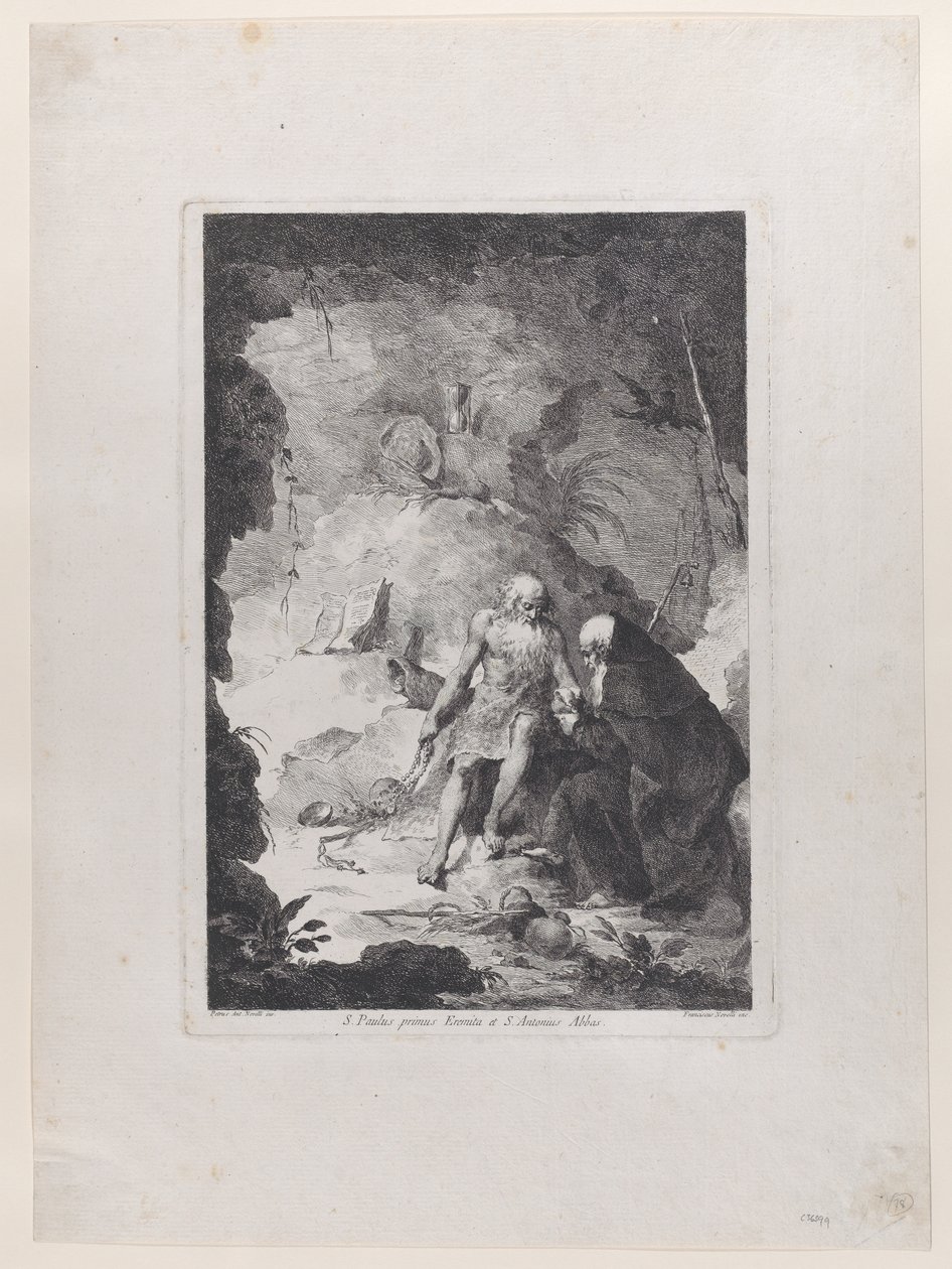 Heiliger Paulus der Einsiedler und Heiliger Antonius Abt im Gespräch in einer Landschaft, nach Pi..., ca. 1784-1836 von Francesco Novelli