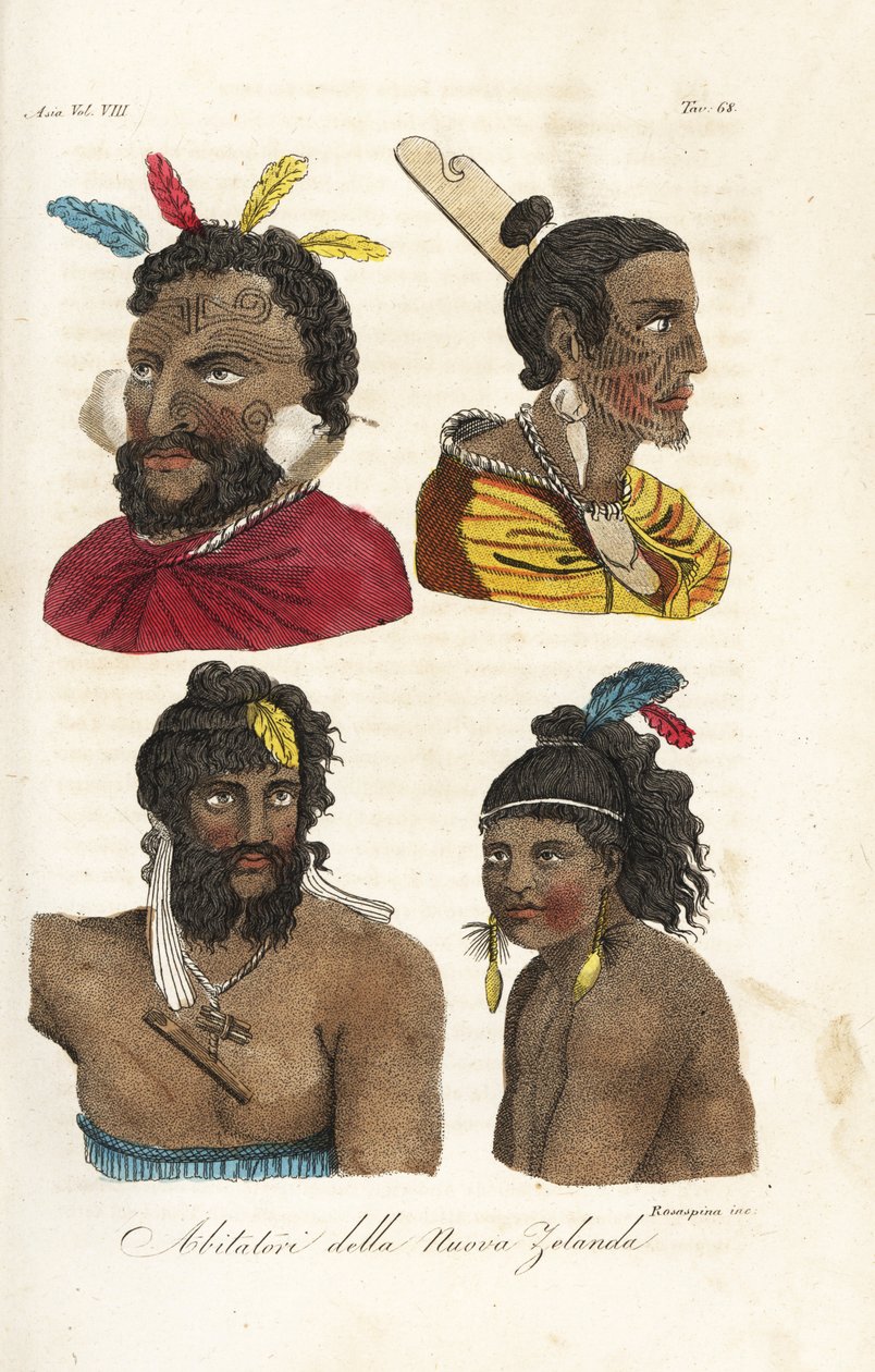 Porträts von Maori-Kriegern, neuseeländische Männer und Jungen mit Gesichtstätowierungen und Federn im Haar. Handkolorierter Kupferstich von Francesco Rosaspina nach William Hodges und Piron aus Giulio Ferrarios Alte und moderne Kostüme aller Völker der We von Francesco Rosaspina