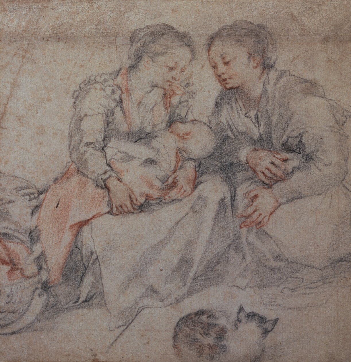 Zwei Frauen und ein Baby mit einer Katze von Francesco Vanni