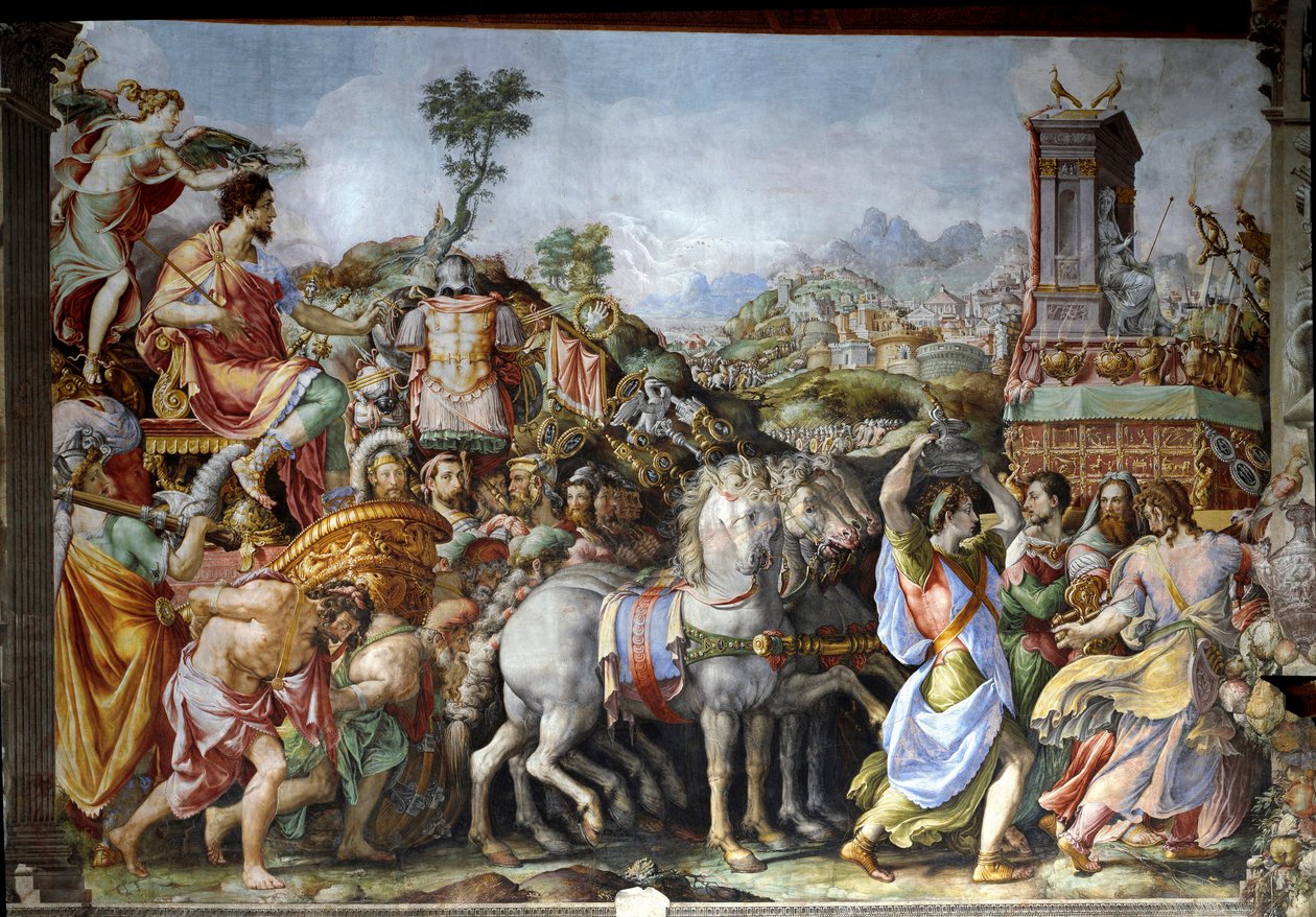 Der Triumph des Marcus Furius Camillus, General und römischer Staatsmann (Fresko) von Francesco de Rossi Salviati