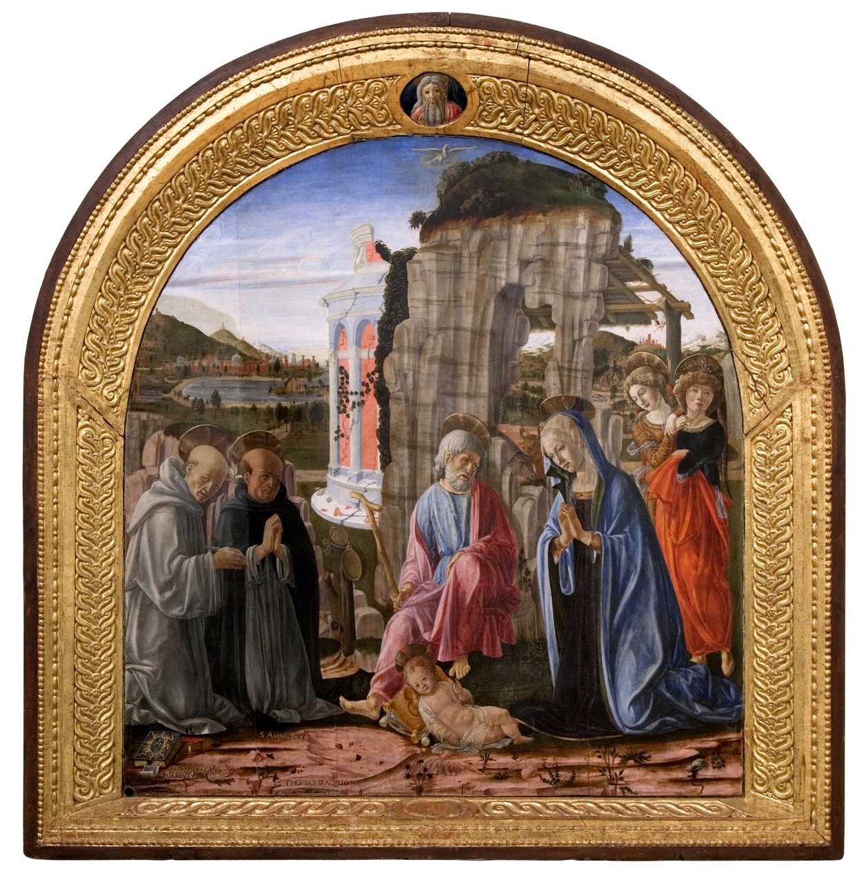 Geburt Christi mit den Heiligen Bernhard und Thomas von Aquin von Francesco di Giorgio