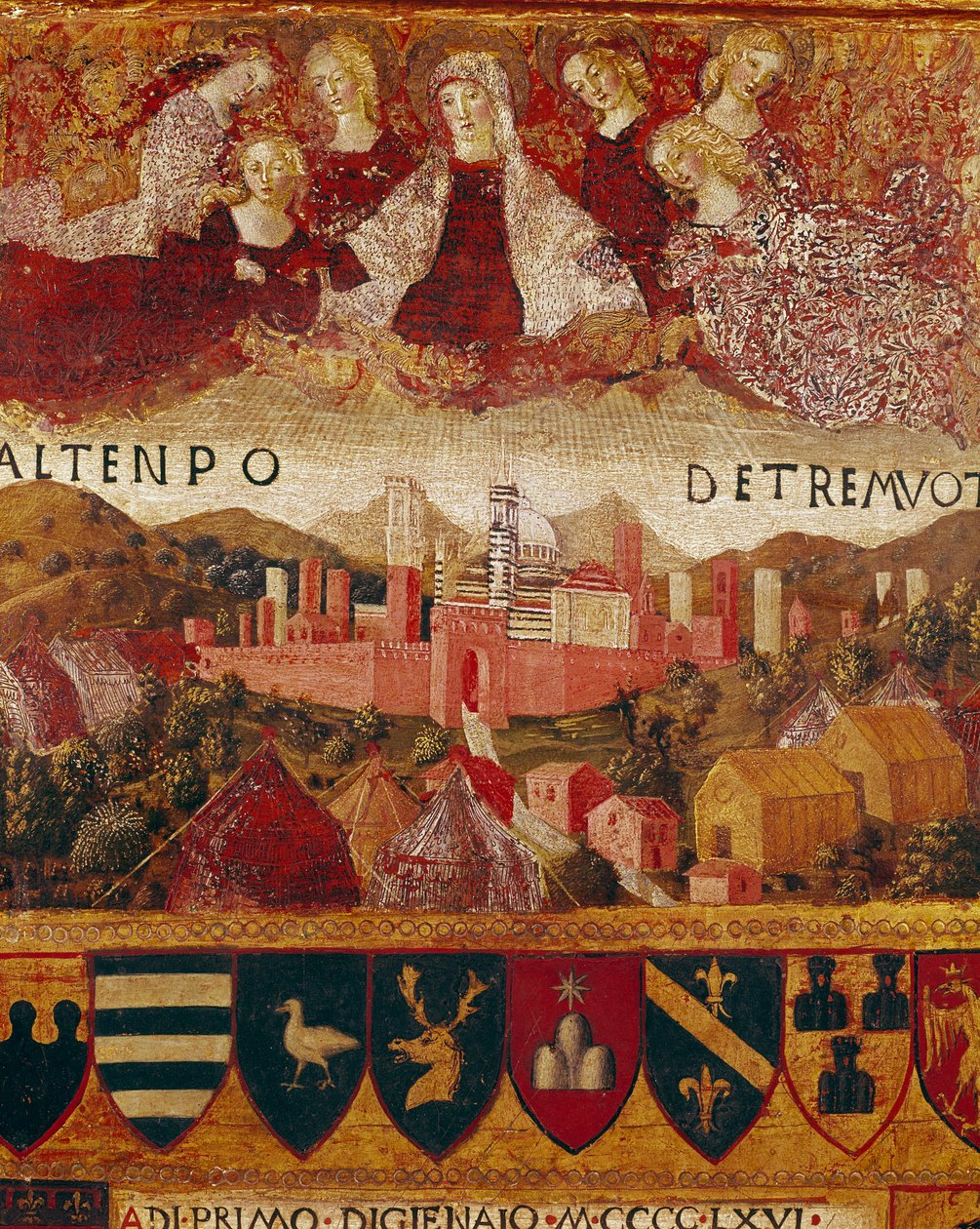 Ex Voto: Die Jungfrau Maria schützt die Stadt Siena zur Zeit der Erdbeben von 1466-1467 (Detail) von Francesco di Giorgio Martini