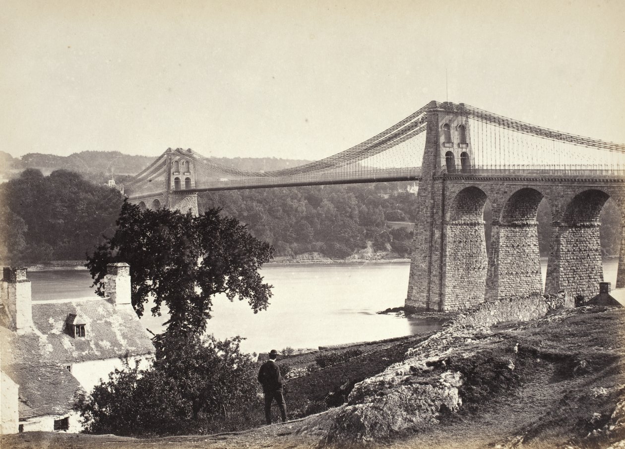 Bangor, Hängebrücke, von Anglesey aus (254) von Francis Bedford