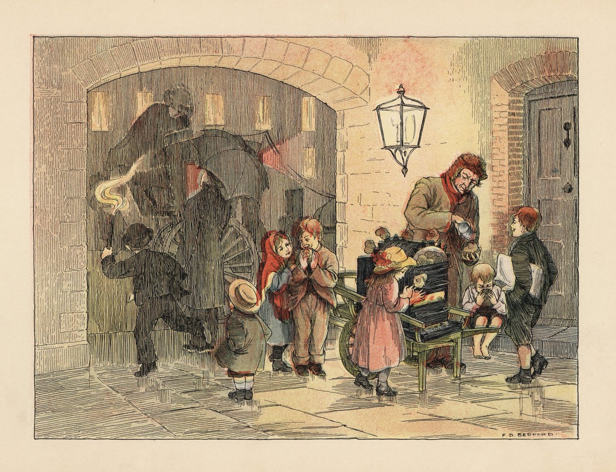 Viktorianische Kinder essen heiße Kartoffeln vom Kartoffelmann. Im Hintergrund besteigen Menschen mit Regenschirmen einen Kutschwagen im Regen. Chromolithographie nach einer Illustration von Francis Donkin Bedford aus Edward Verrall Lucas