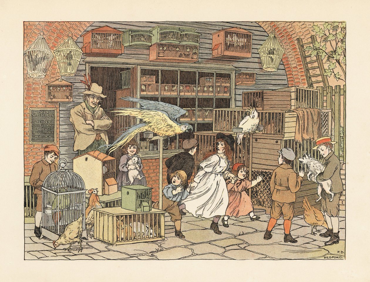 Viktorianische Kinder spielen mit Papageien und Kakadus im Vogel- oder Tiergeschäft. Chromolithographie nach einer Illustration von Francis Donkin Bedford aus Edward Verrall Lucas